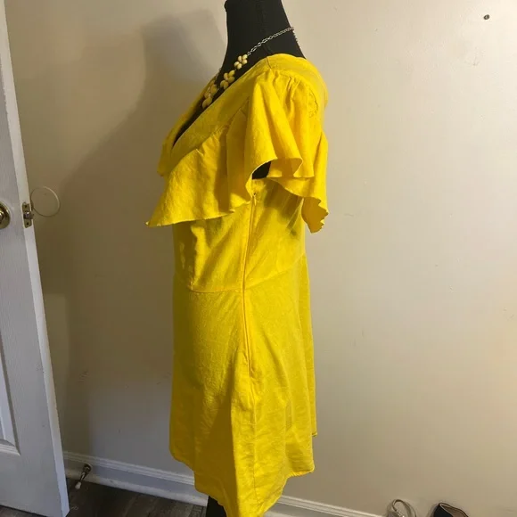 A New Day Bright Yellow Linen Blend V-Neck Flutter Sleeve Dress - Picture 2 of 5